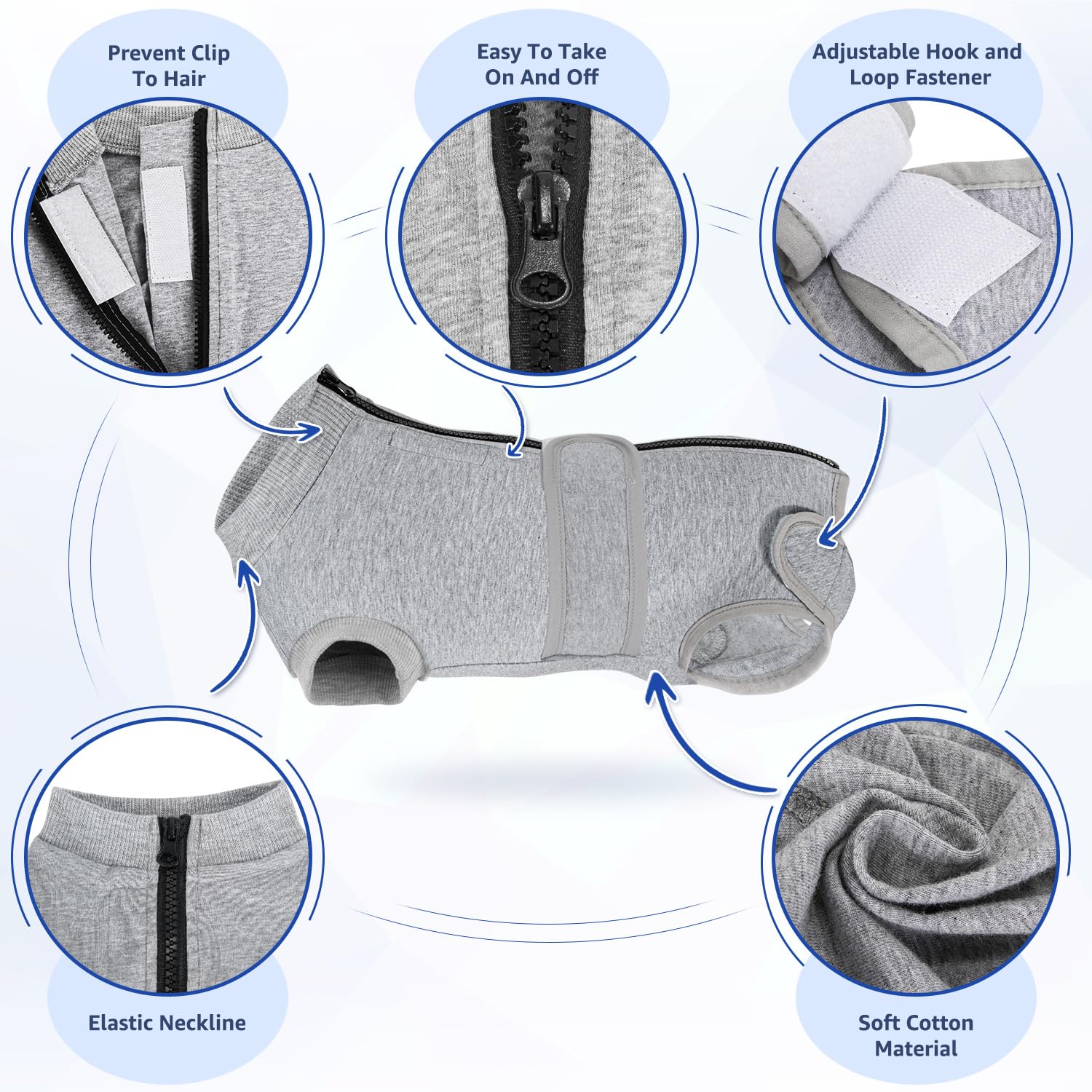 Lukovee dog recovery suit zipper detail with protective lining.