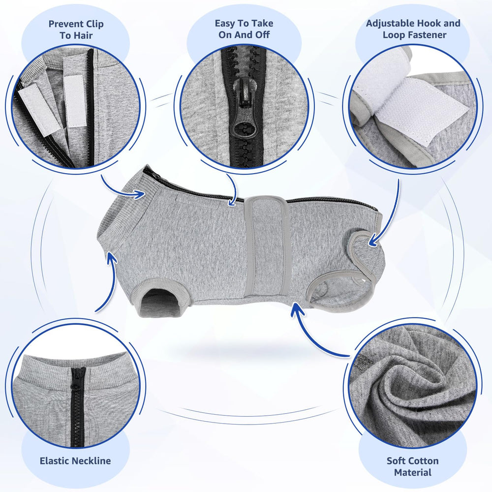 Lukovee dog recovery suit zipper detail with protective lining.
