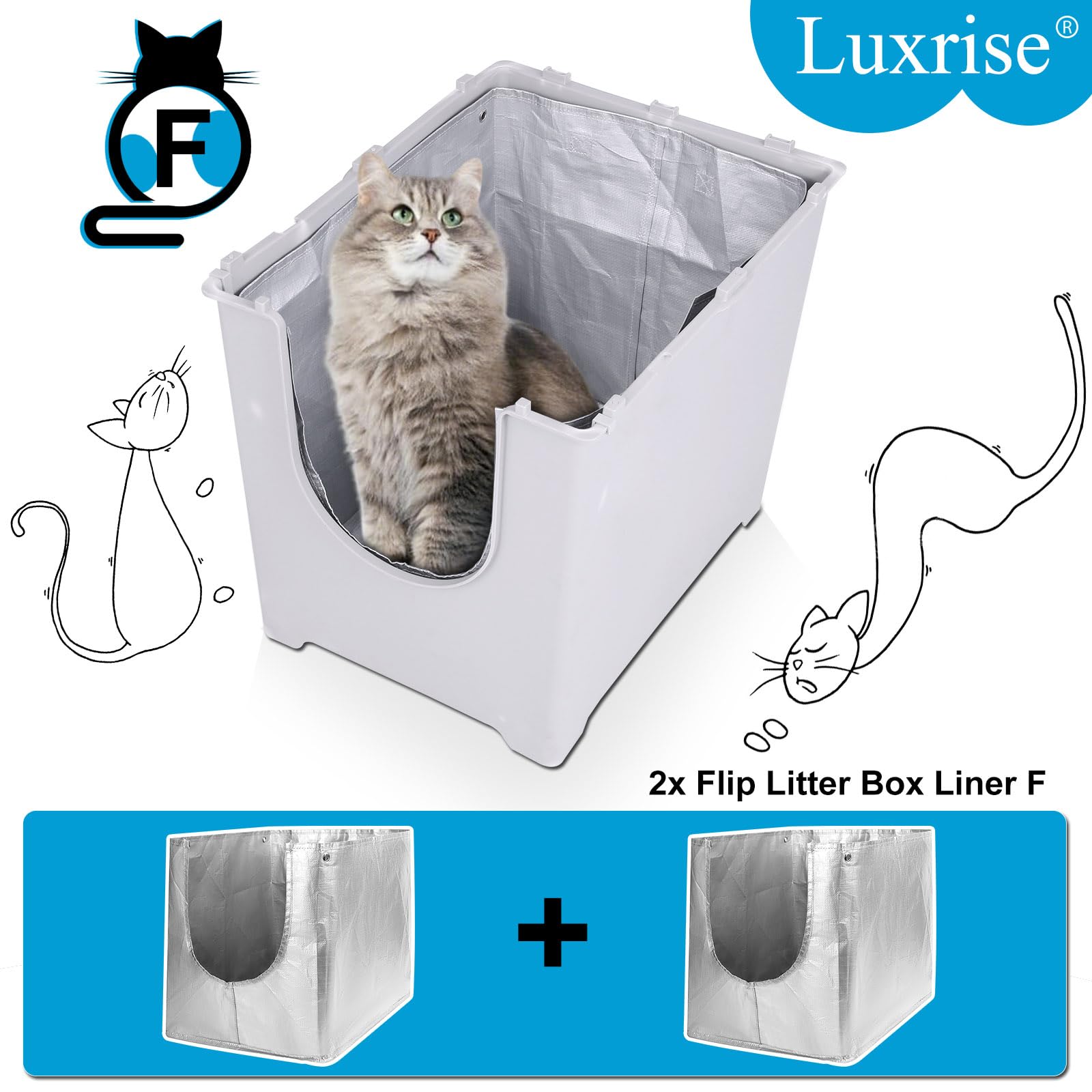 Luxrise Type F litter box liner shown unfolded with its dimensions.