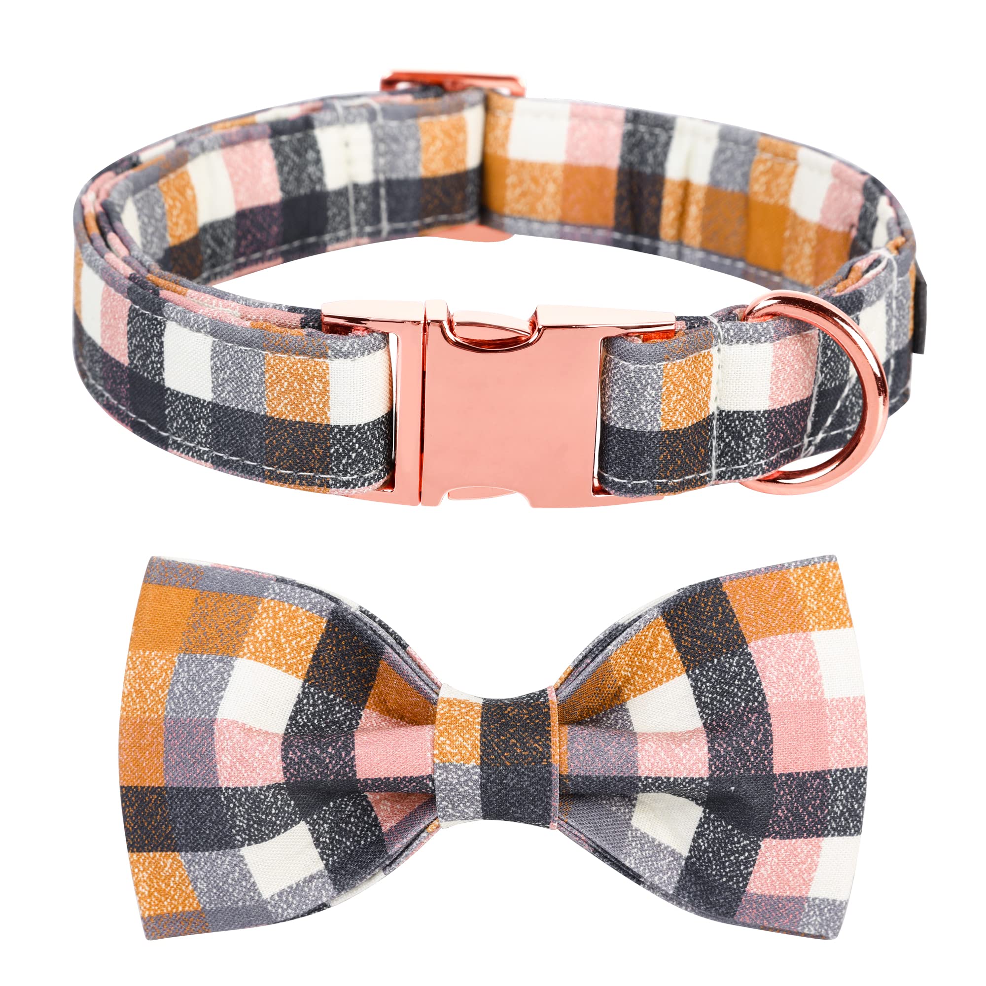 M MACA BATES dog collar shown from the front with its autumn check pattern and matching bow tie.