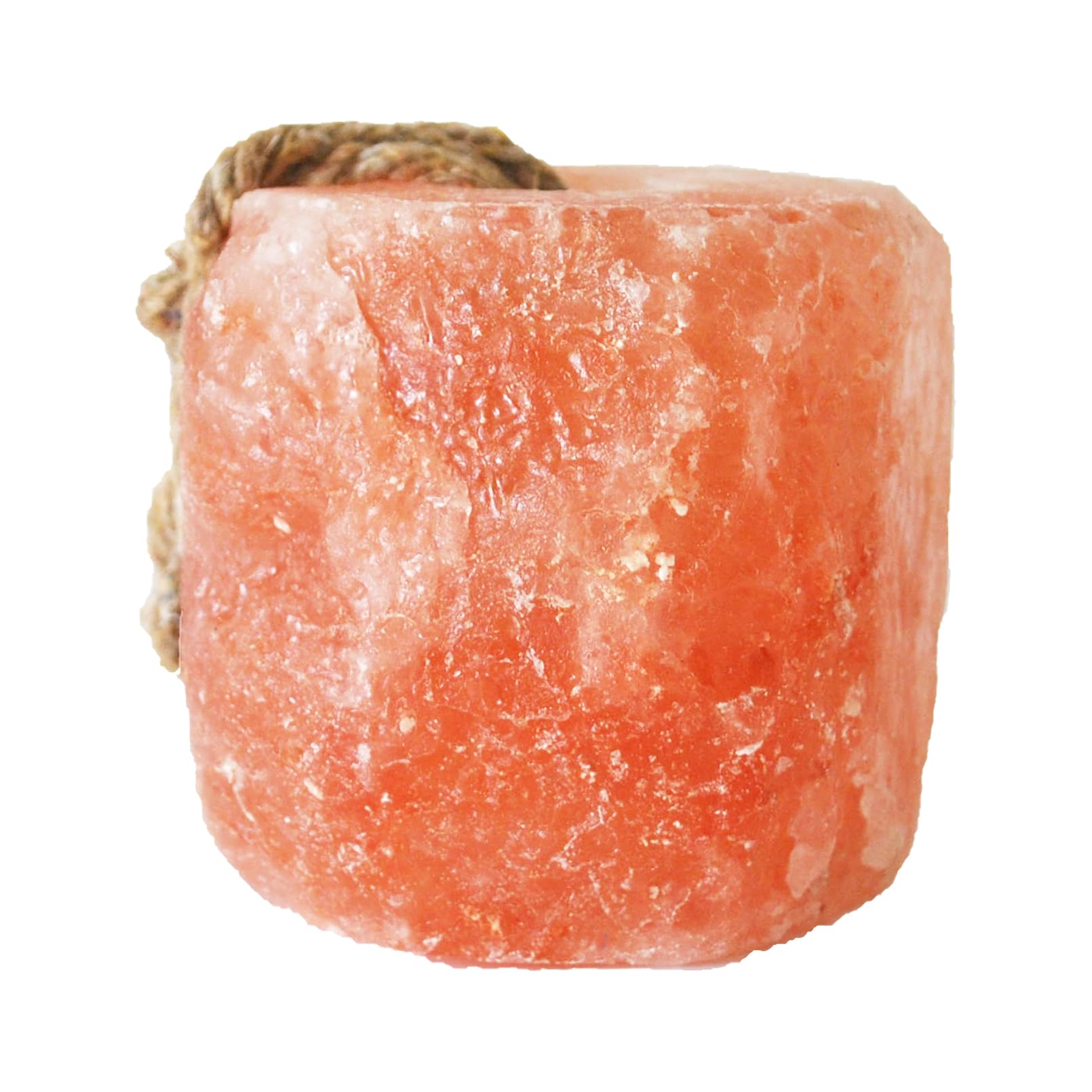 MUYG salt lick block shown from the front with its hanging rope.