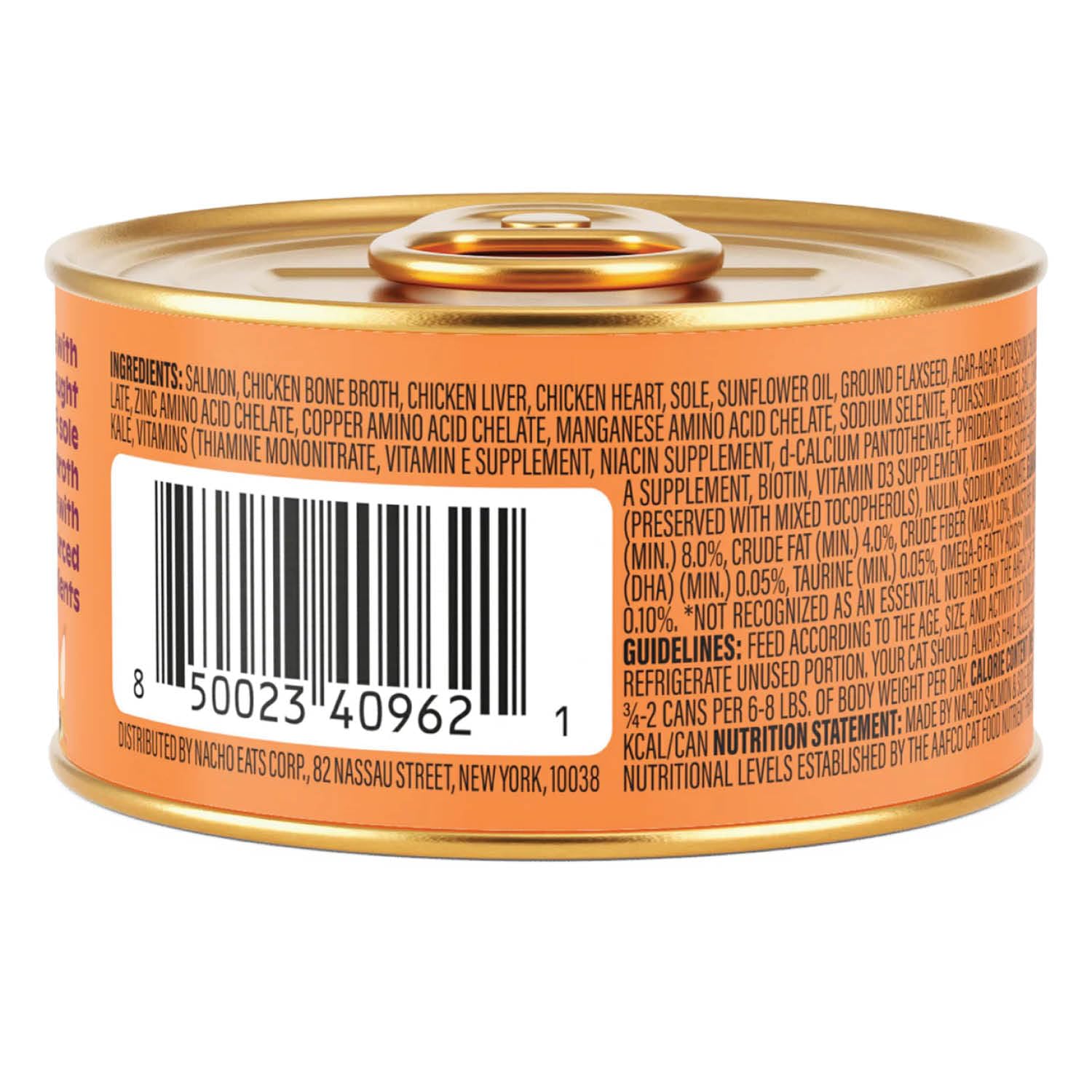 Made by Nacho pâté wet cat food can shown in a close-up view.