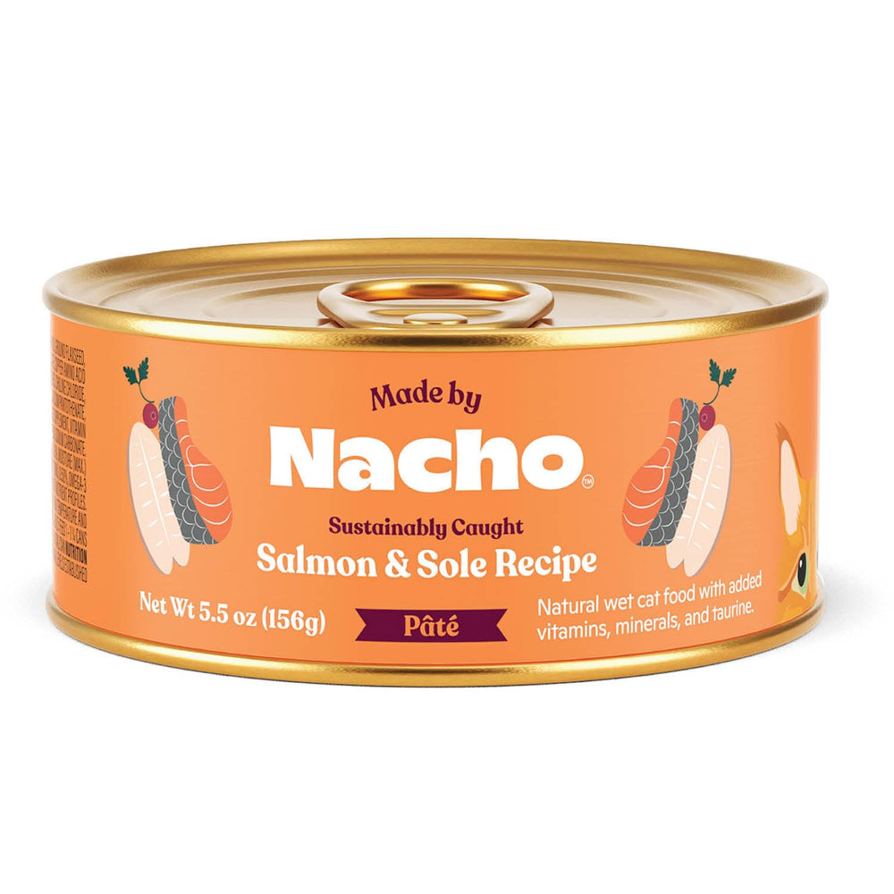 Made by Nacho pâté wet cat food package shown from the front.