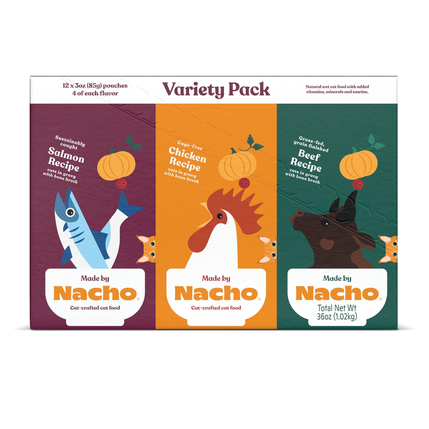 Made by Nacho wet cat food chicken recipe pouch.