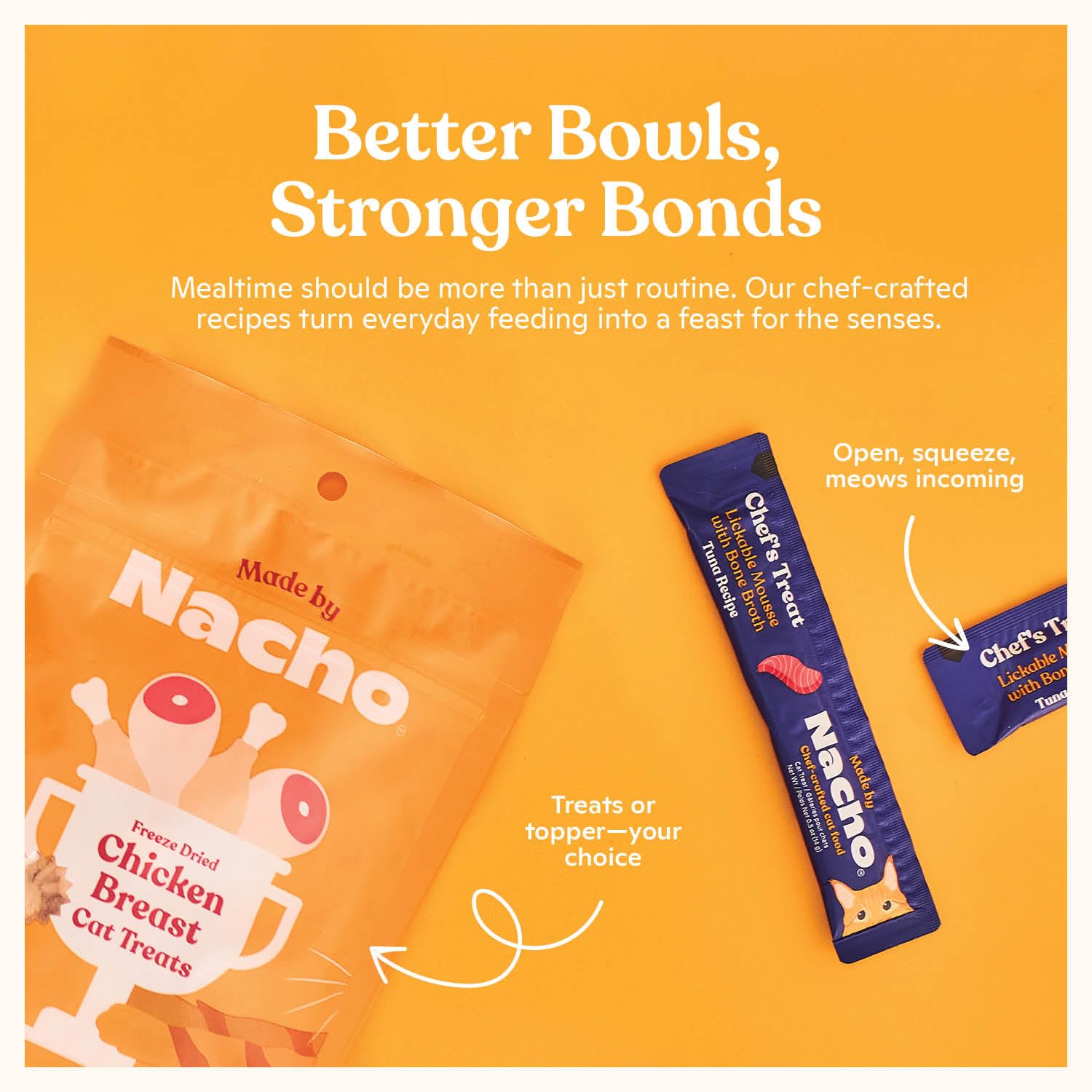 Made by Nacho wet cat food individual pouch format.