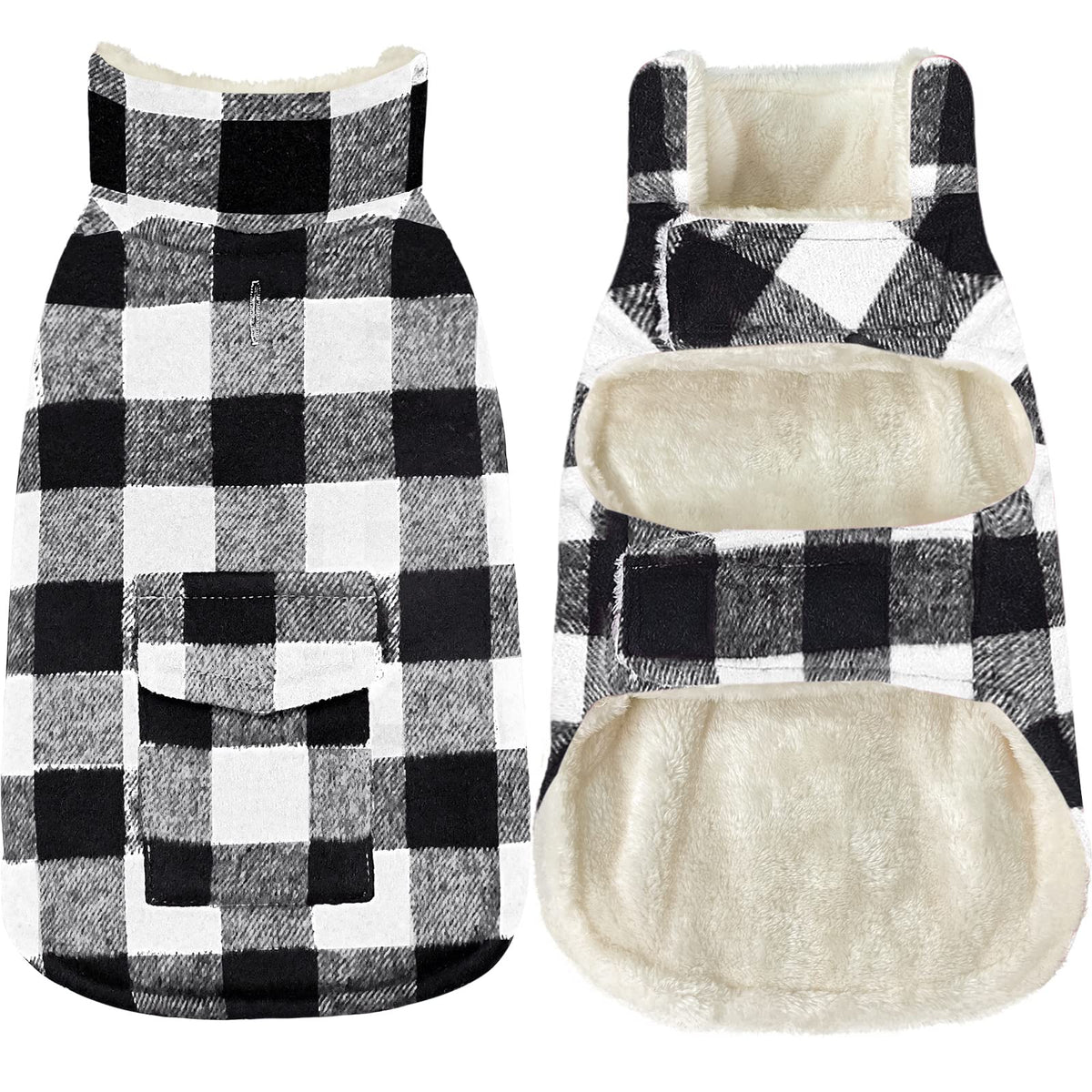 Malier dog coat shown from the front in its classic buffalo plaid style.