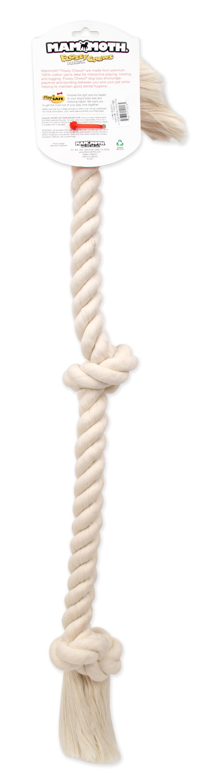 Mammoth Flossy Chews rope tug close-up showing the cotton fibers and knotted end.