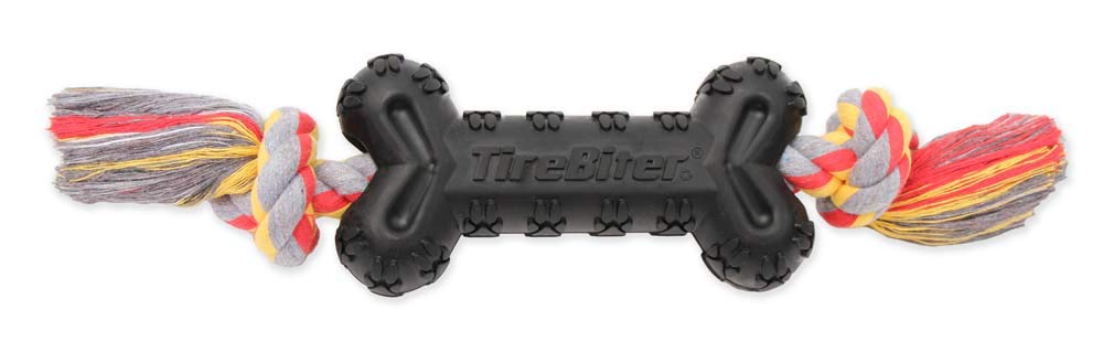 Mammoth Pet Products TireBiterII e large bone-shaped rubber toy with its rope, shown from the front.