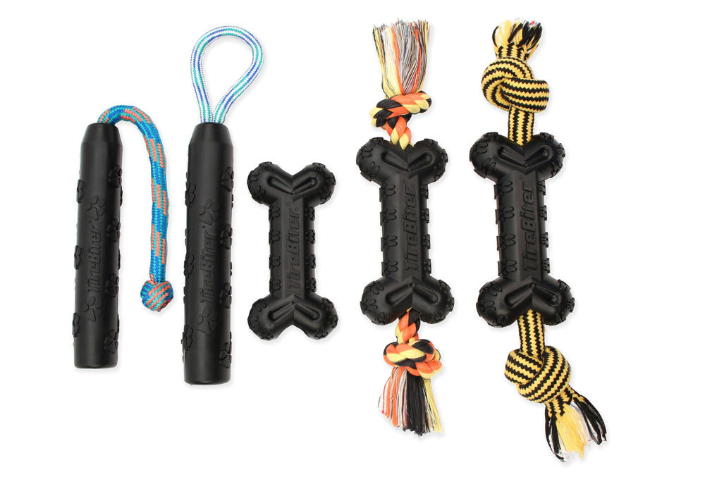 Mammoth Pet Products TireBiterII e being used for an interactive tug game with a dog.