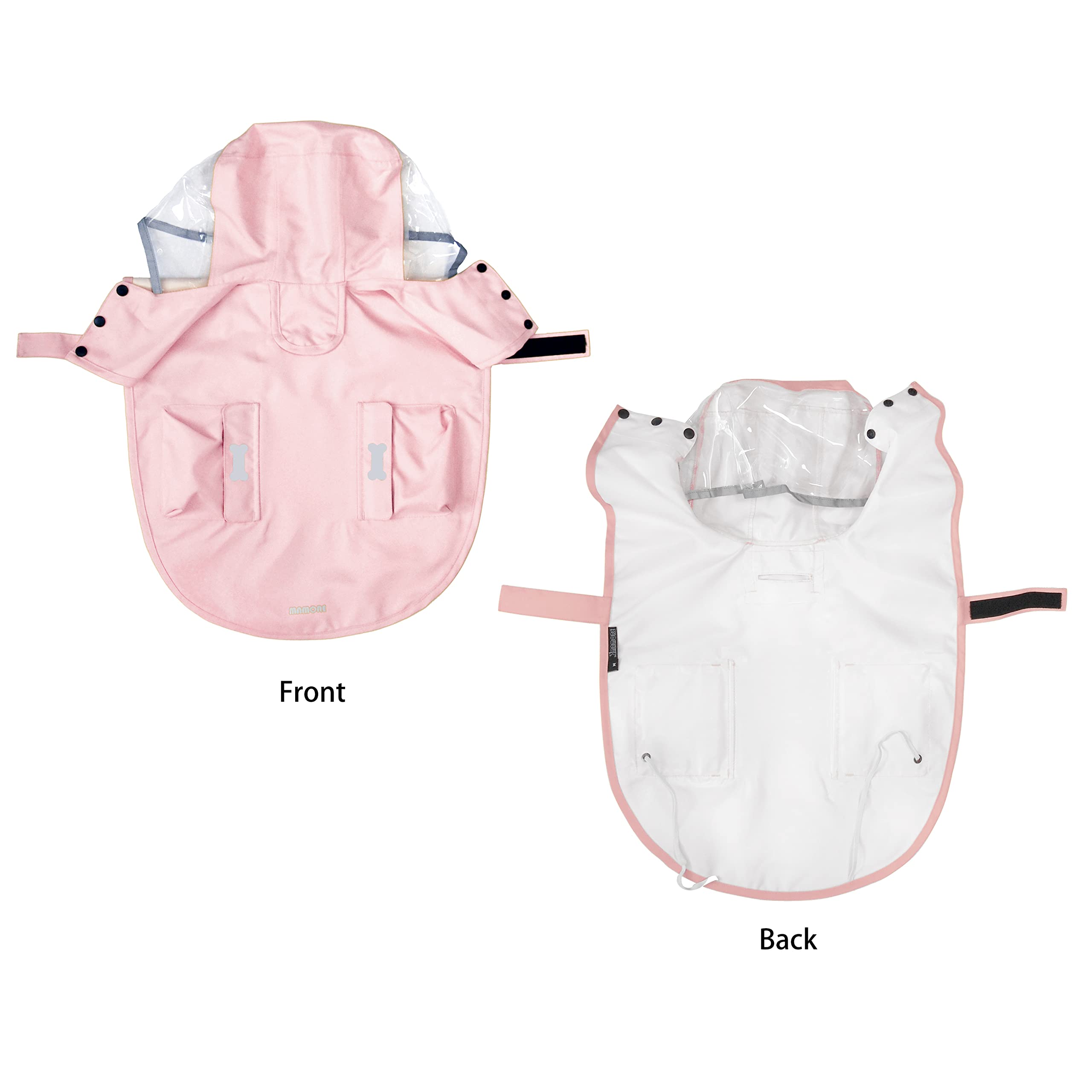 MAMORE Dog Raincoat reflective hem, brim and printing shown in detail.