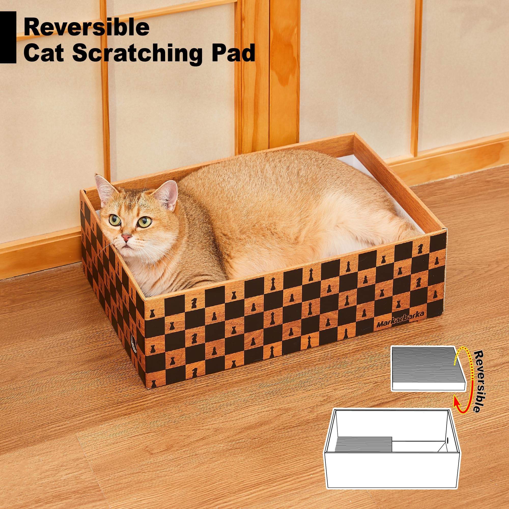 Markarbarka cat scratcher bed with a cat lounging on the sofa-shaped surface.