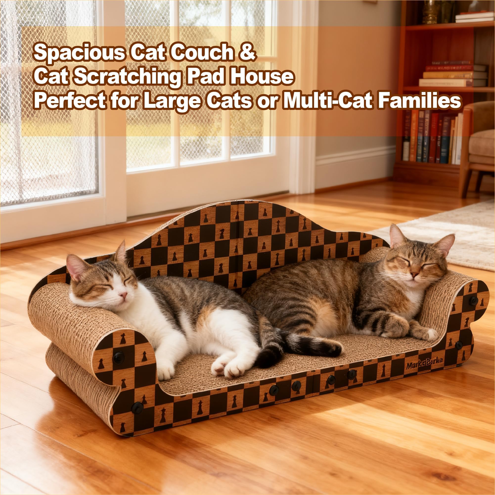 Markarbarka cat scratcher bed featuring its chess pattern and classic wooden texture design.