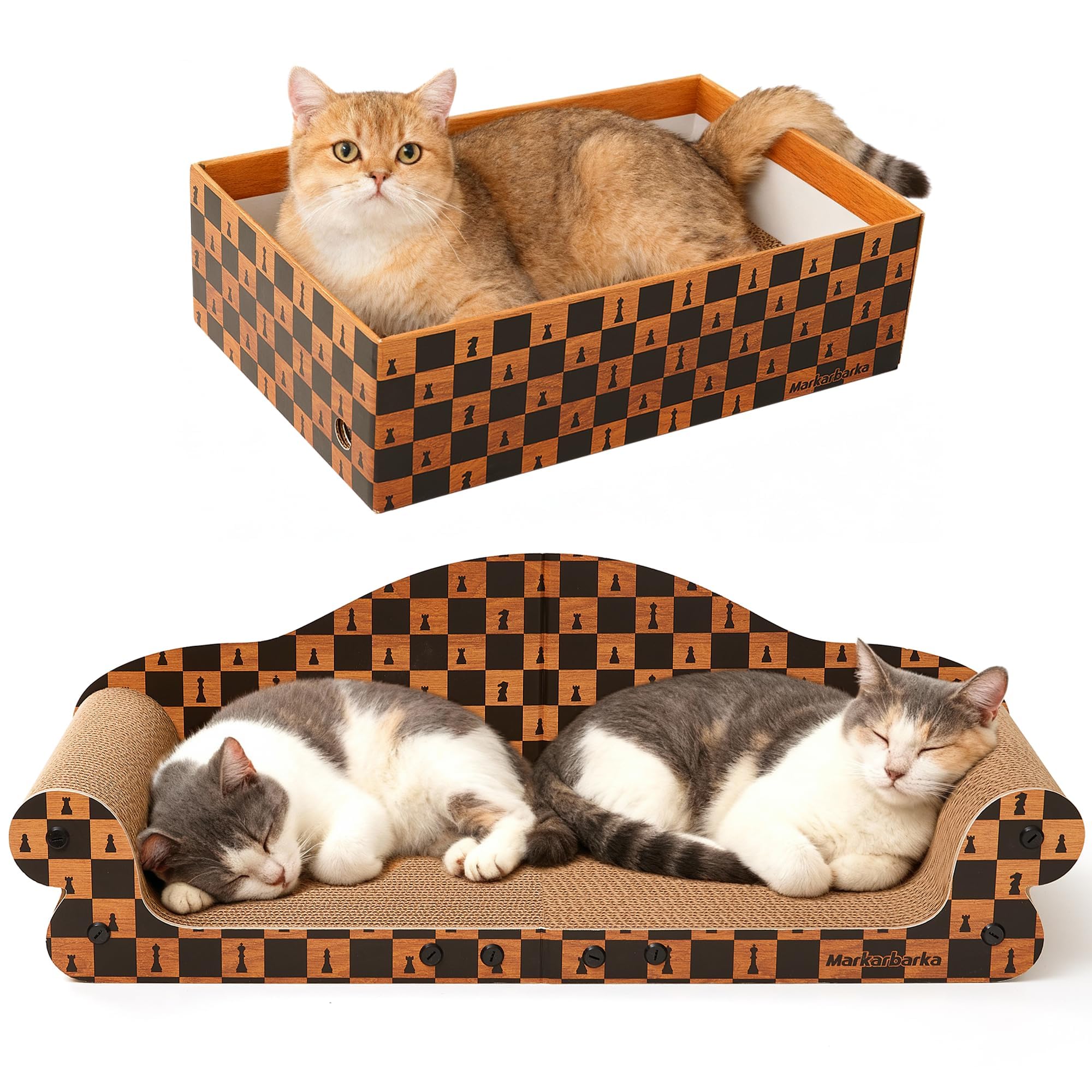 Markarbarka cat scratcher bed shown from the front with its sofa-shaped cardboard surface.