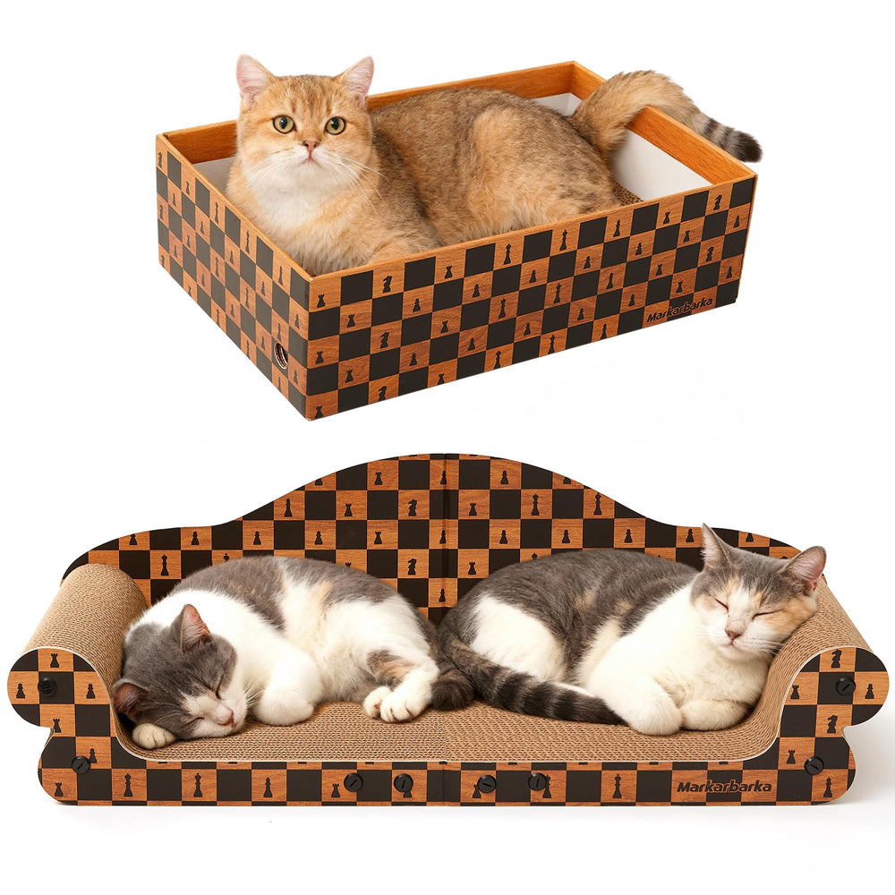 Markarbarka cat scratcher bed shown from the front with its sofa-shaped cardboard surface.