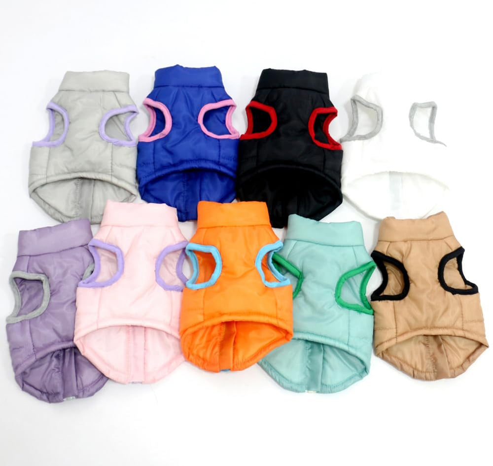 MaruPet winter dog vest size chart showing back, chest and neck measurements.