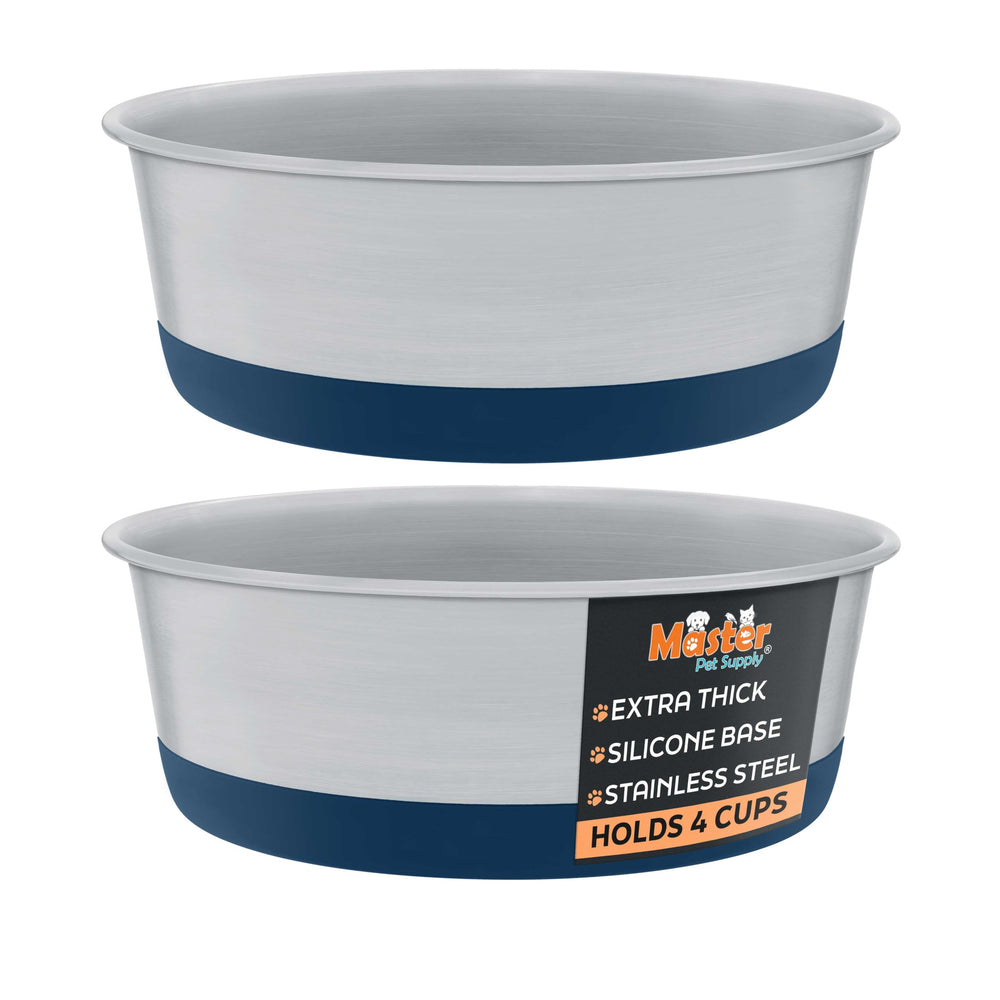 Master Pet Supply dog bowls shown as a matching pair in Navy Blue.