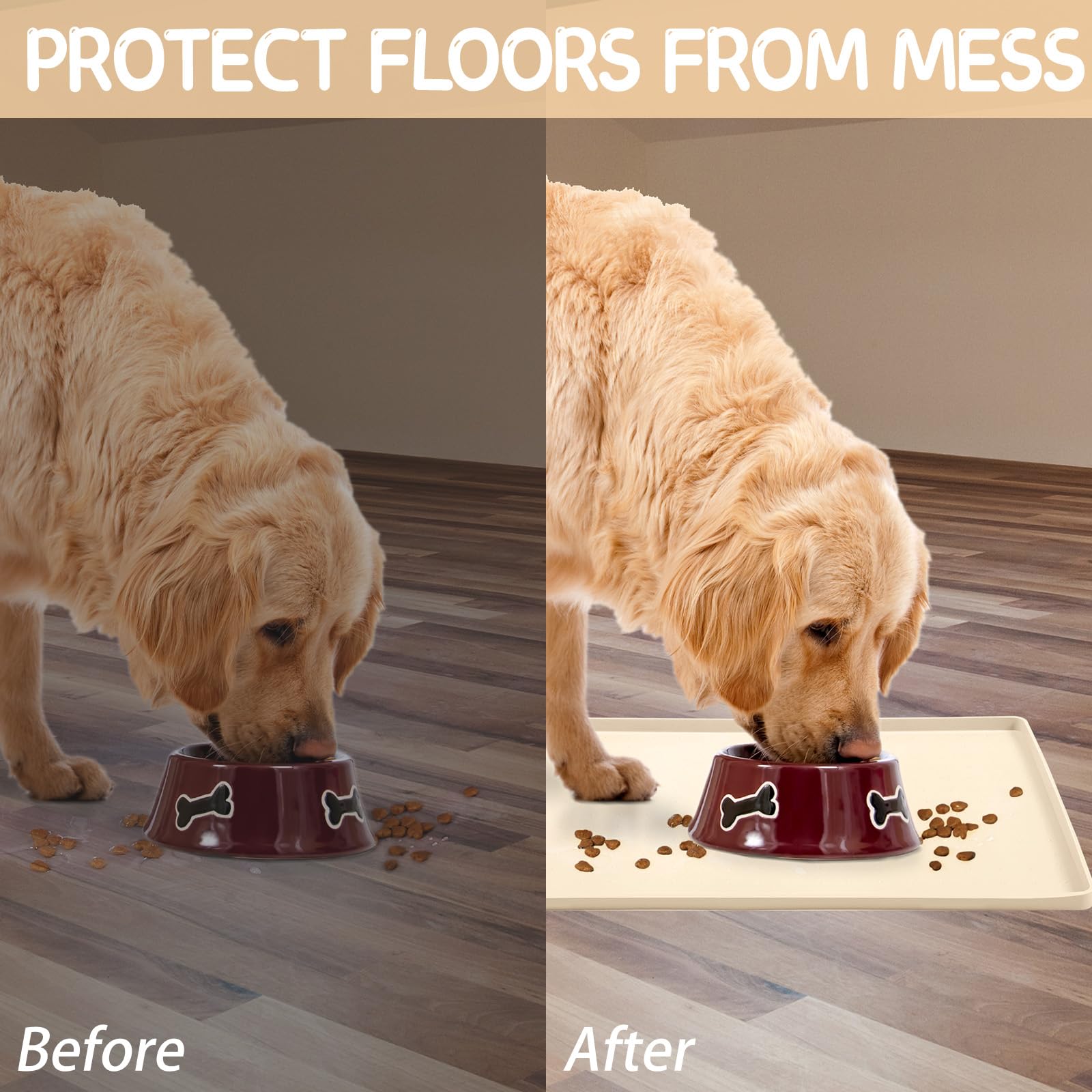 MateeyLife silicone pet feeding mat shown with its size and color options.