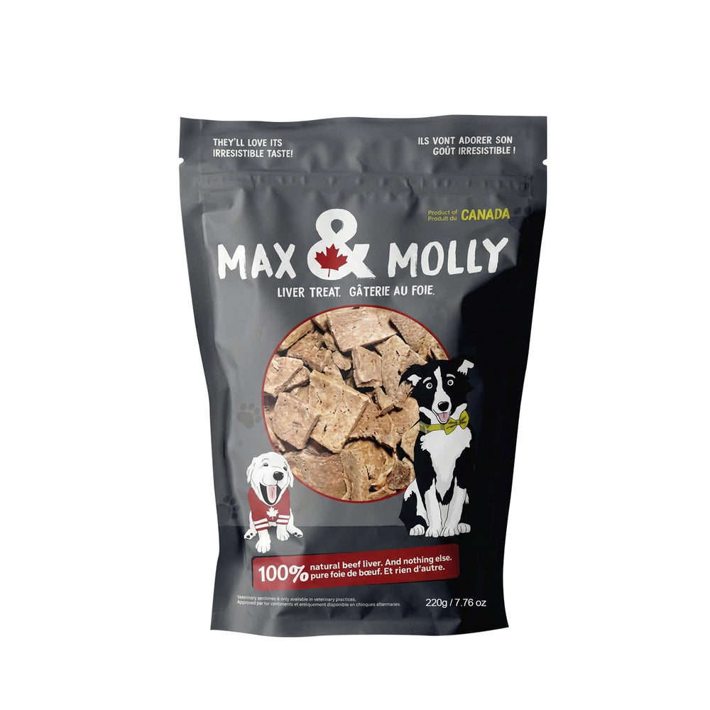 Max & Molly beef liver dog treats shown in their front-facing package.