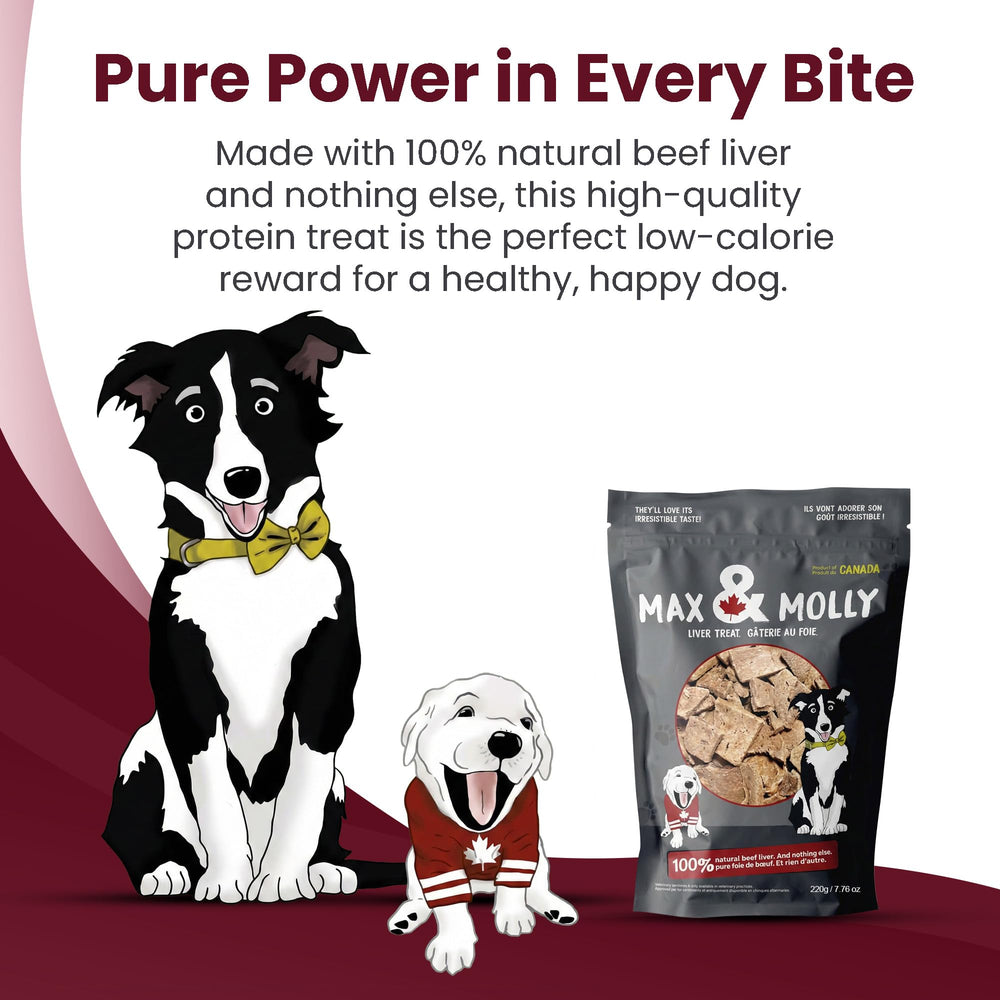 Max & Molly beef liver dog treats shown mixed with regular kibble.