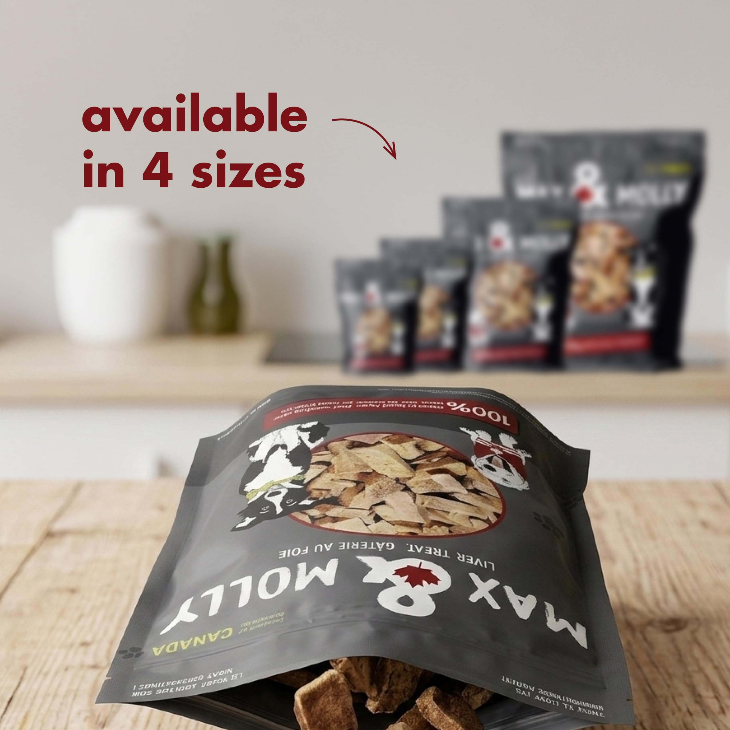 Max & Molly beef liver dog treats shown with the resealable bag.