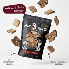 Max & Molly beef liver dog treats shown in a close-up of the treats.