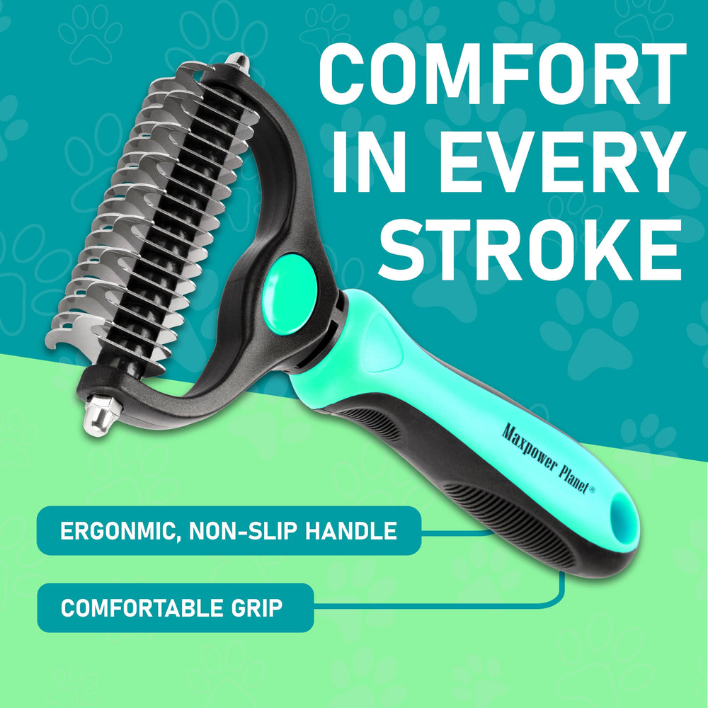Maxpower Planet grooming rake shown removing loose fur from a pet's coat.