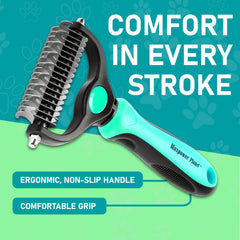 Maxpower Planet grooming rake shown removing loose fur from a pet's coat.