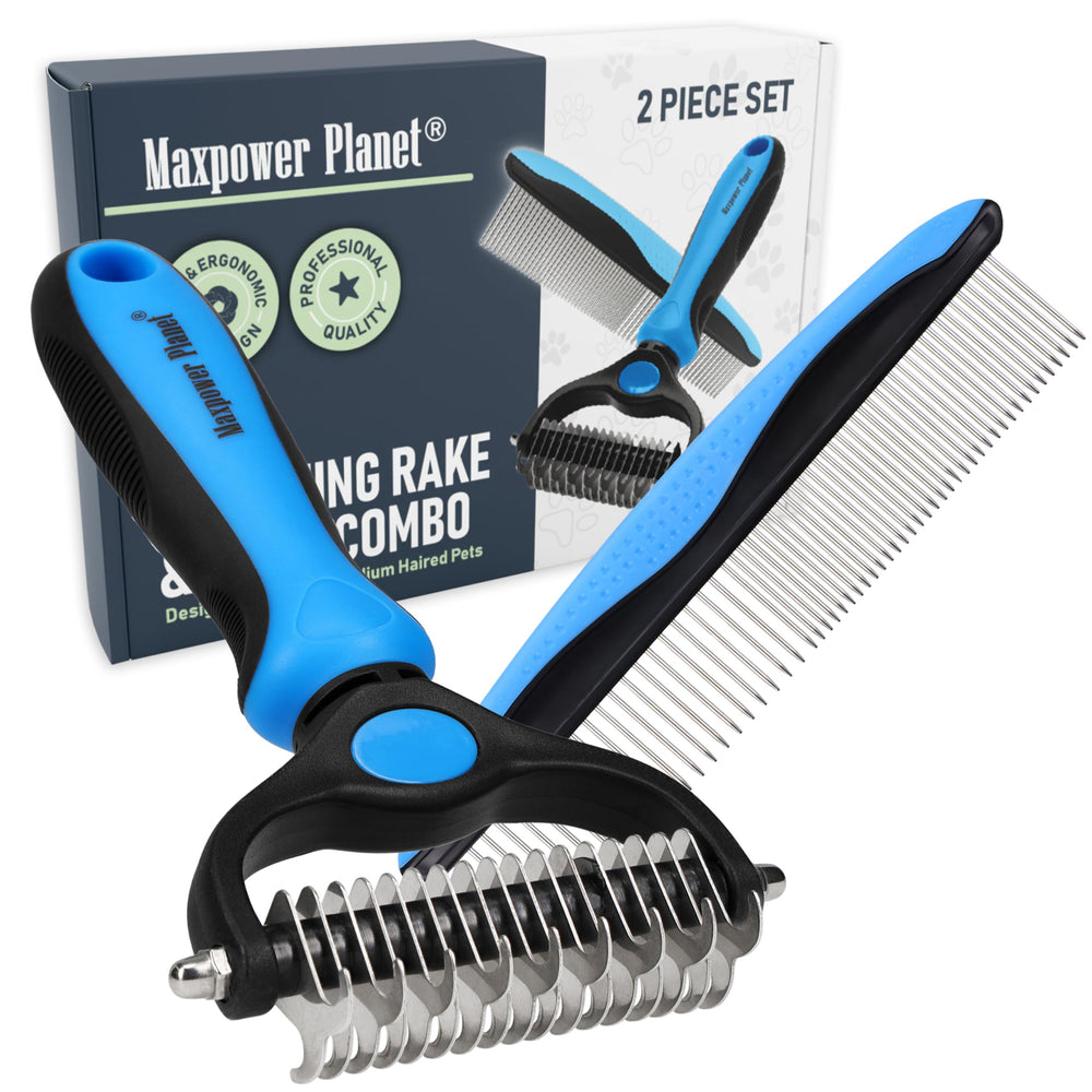 Maxpower Planet Pet Pro grooming rake and gloves shown together as a grooming set.