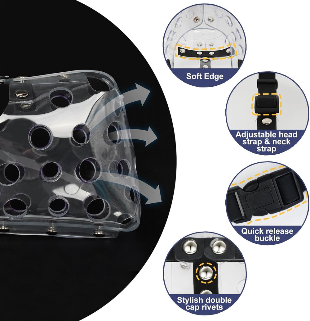 Mayerzon clear basket dog muzzle shown while a dog drinks.