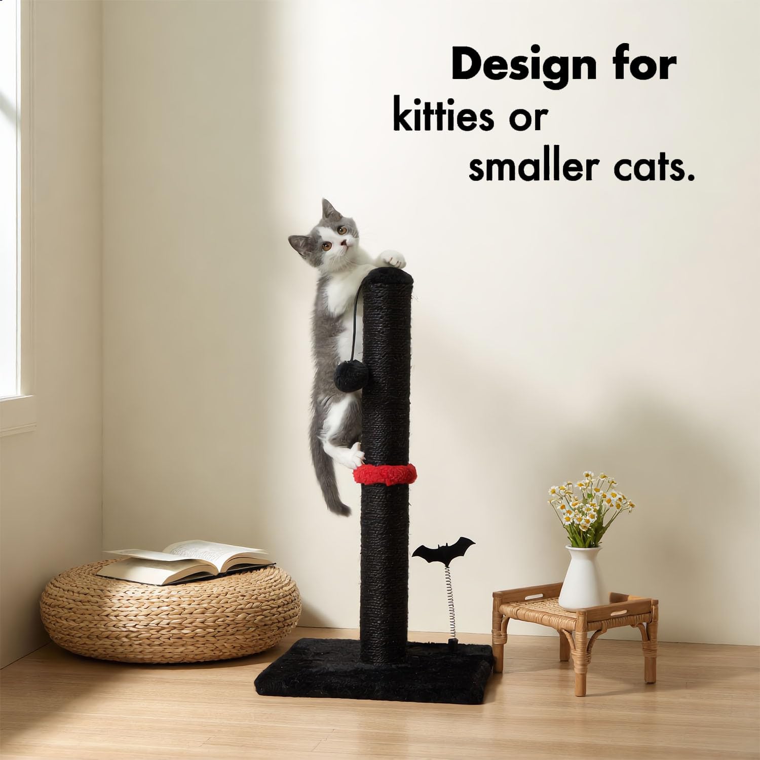 MECOOL cat scratching post detail showing the carpet-covered base.