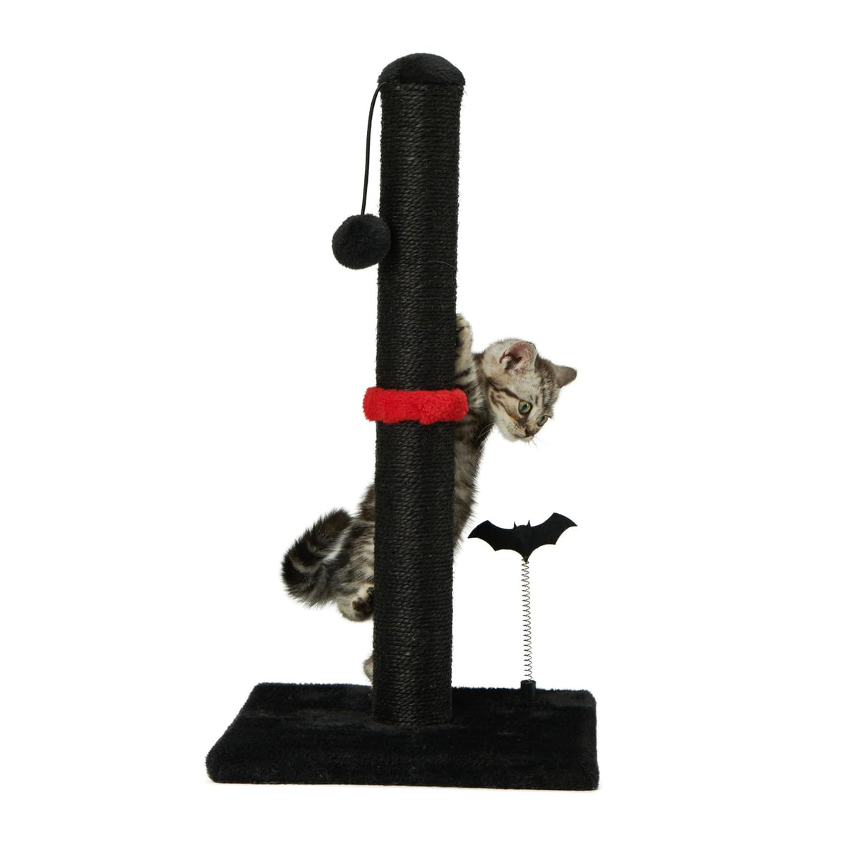 MECOOL cat scratching post shown from the front with its vertical sisal surface and hanging ball.