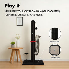 MECOOL cat scratching post detail showing the hanging ball attached for play.