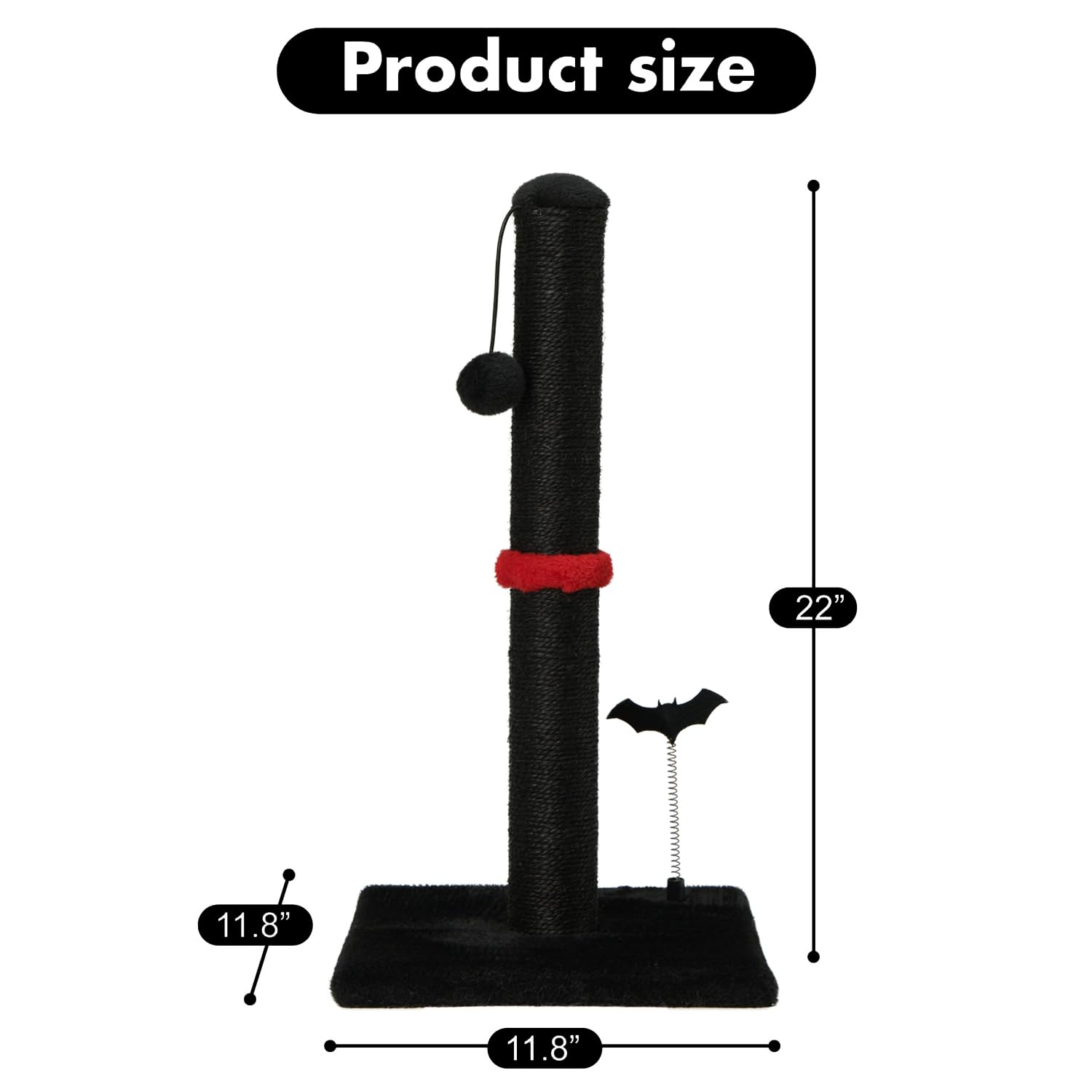 MECOOL cat scratching post with its plush toys shown as play features.