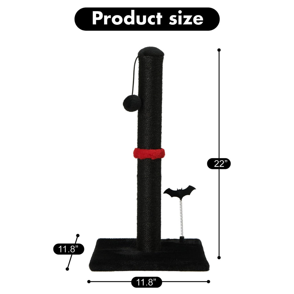 MECOOL cat scratching post with its plush toys shown as play features.
