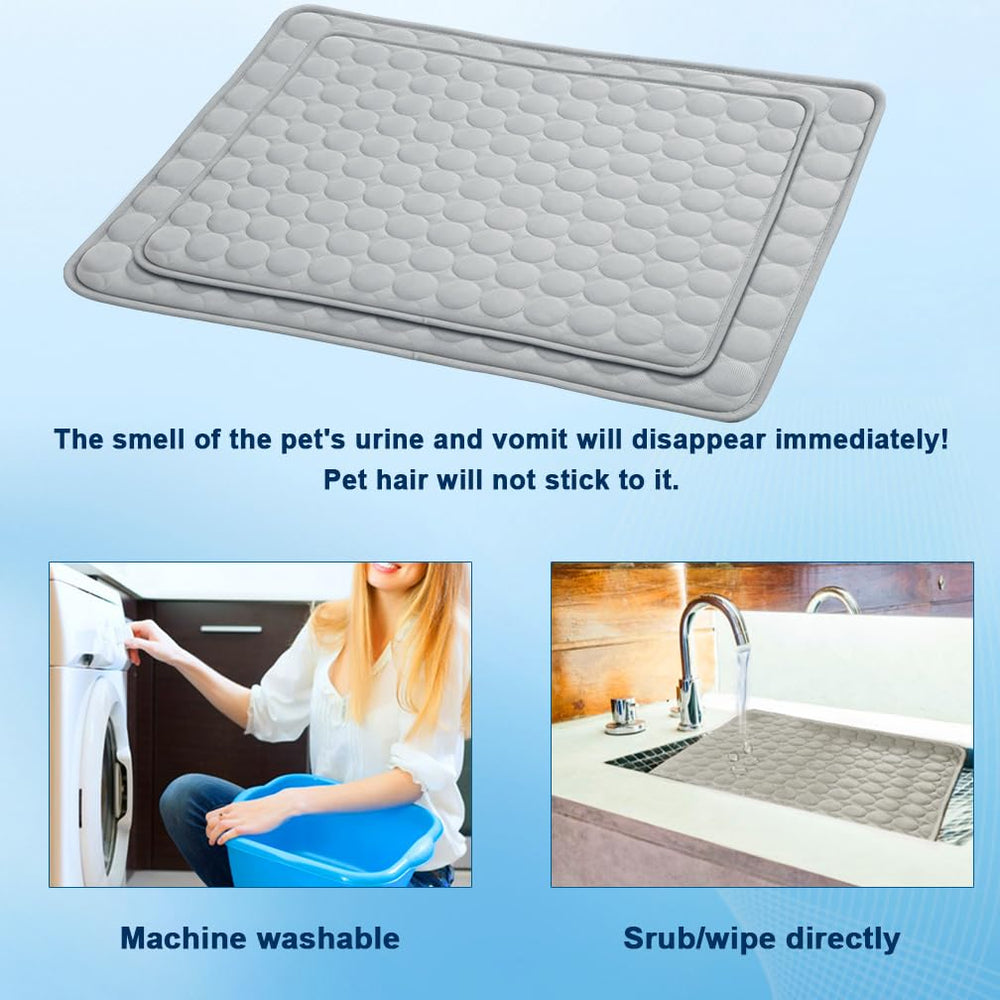 MeiLiMiYu dog cooling mat shown with its washing care.