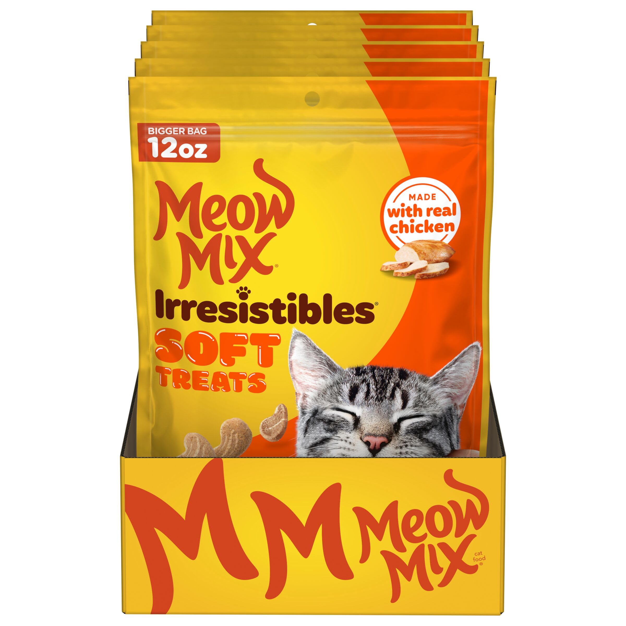 Meow Mix Irresistibles soft cat treats shown in the front pouch view.