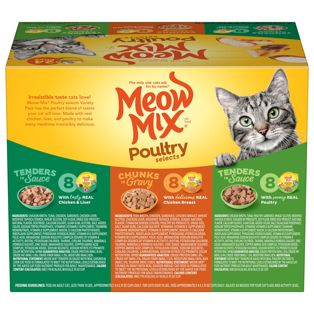 Meow Mix Poultry Selects wet cat food shown in an individual plastic cup.