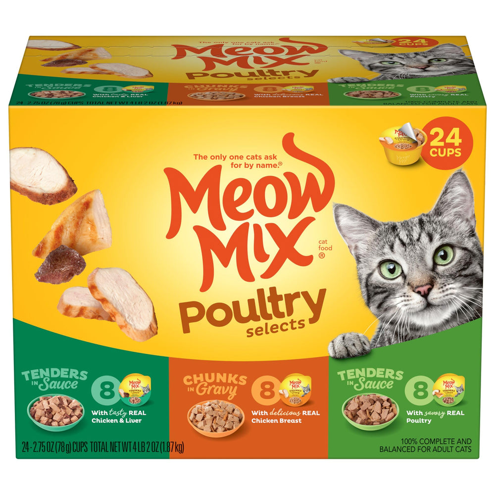 Meow Mix Poultry Selects wet cat food variety pack shown from the front.