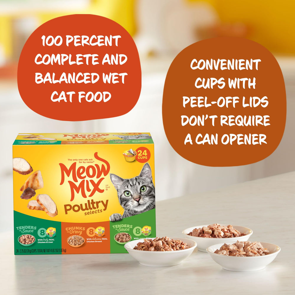 Meow Mix Poultry Selects wet cat food featuring its three recipe varieties.