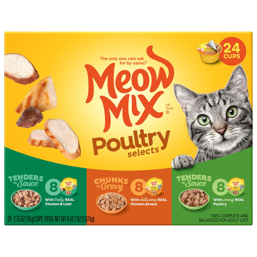 Meow Mix Poultry Selects variety pack cups shown together.