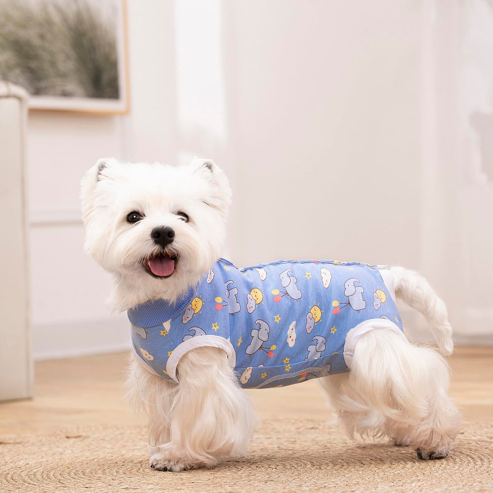 Miaododo dog recovery suit shown covering a pet’s body.
