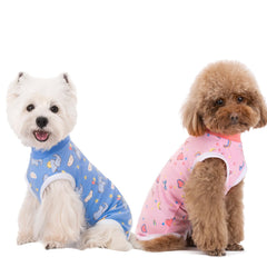 Miaododo dog recovery suit shown from the front in blue.
