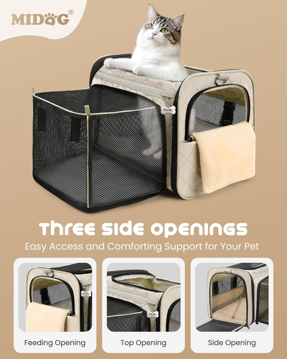 MIDOG soft cat carrier padded shoulder strap and reinforced handles.