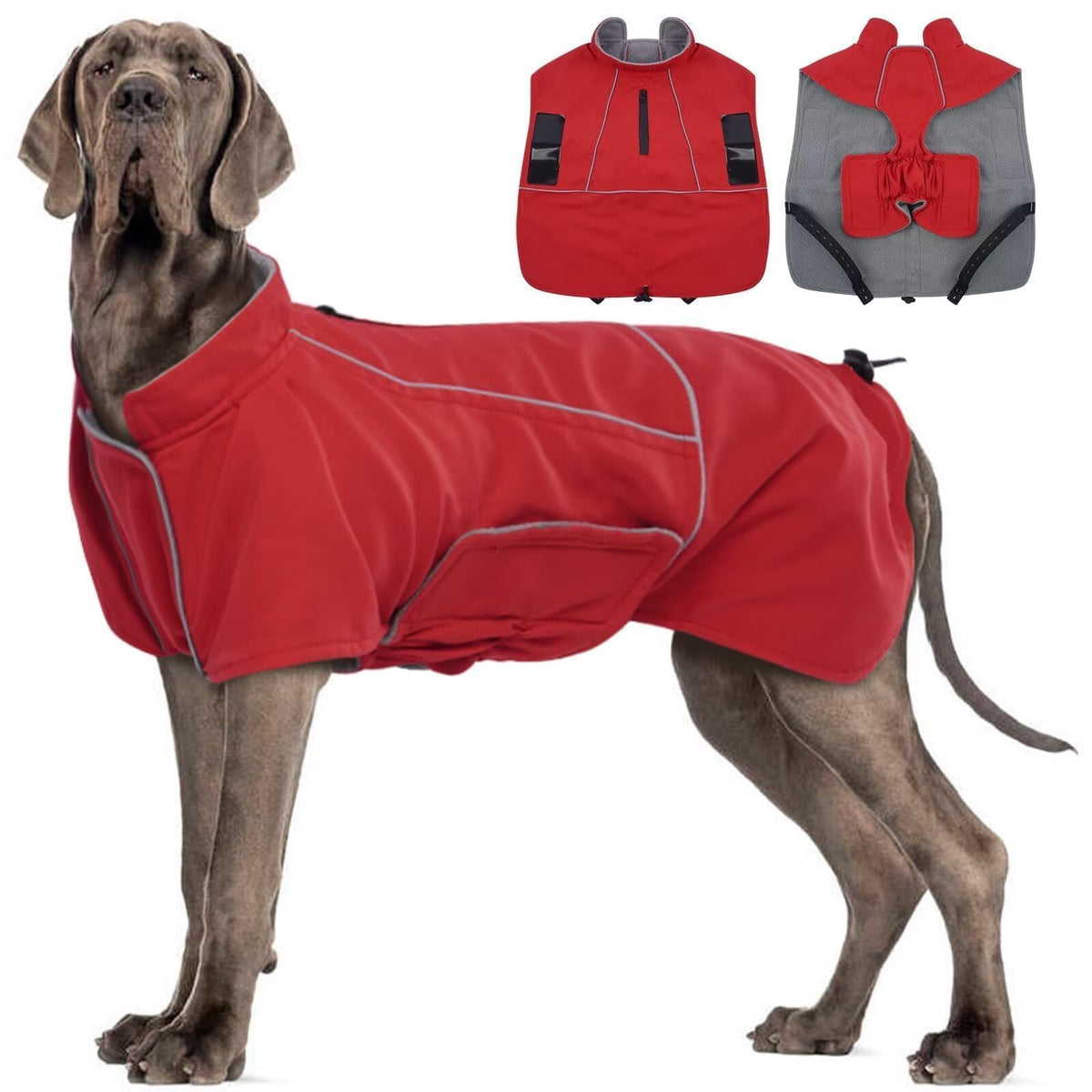 MIGOHI dog jacket shown from the front in red.
