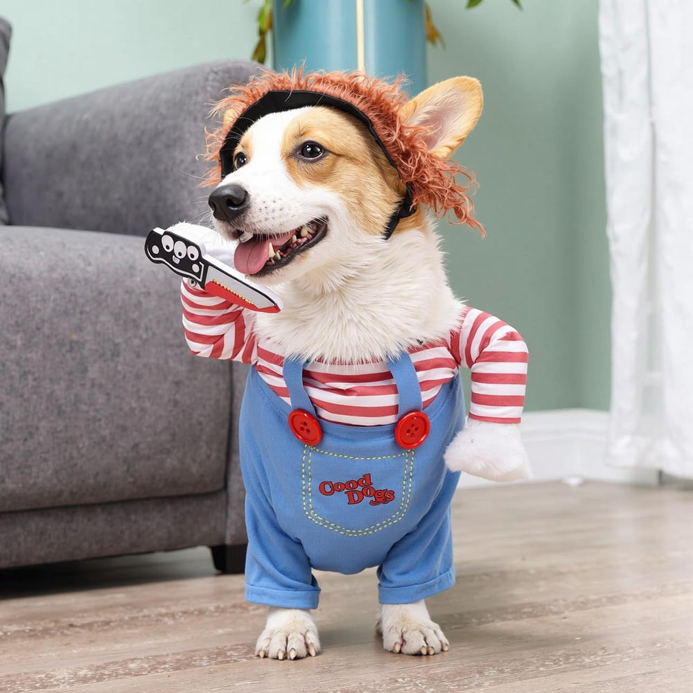 Mikayoo pet costume featuring its removable, adjustable knife-shaped prop.