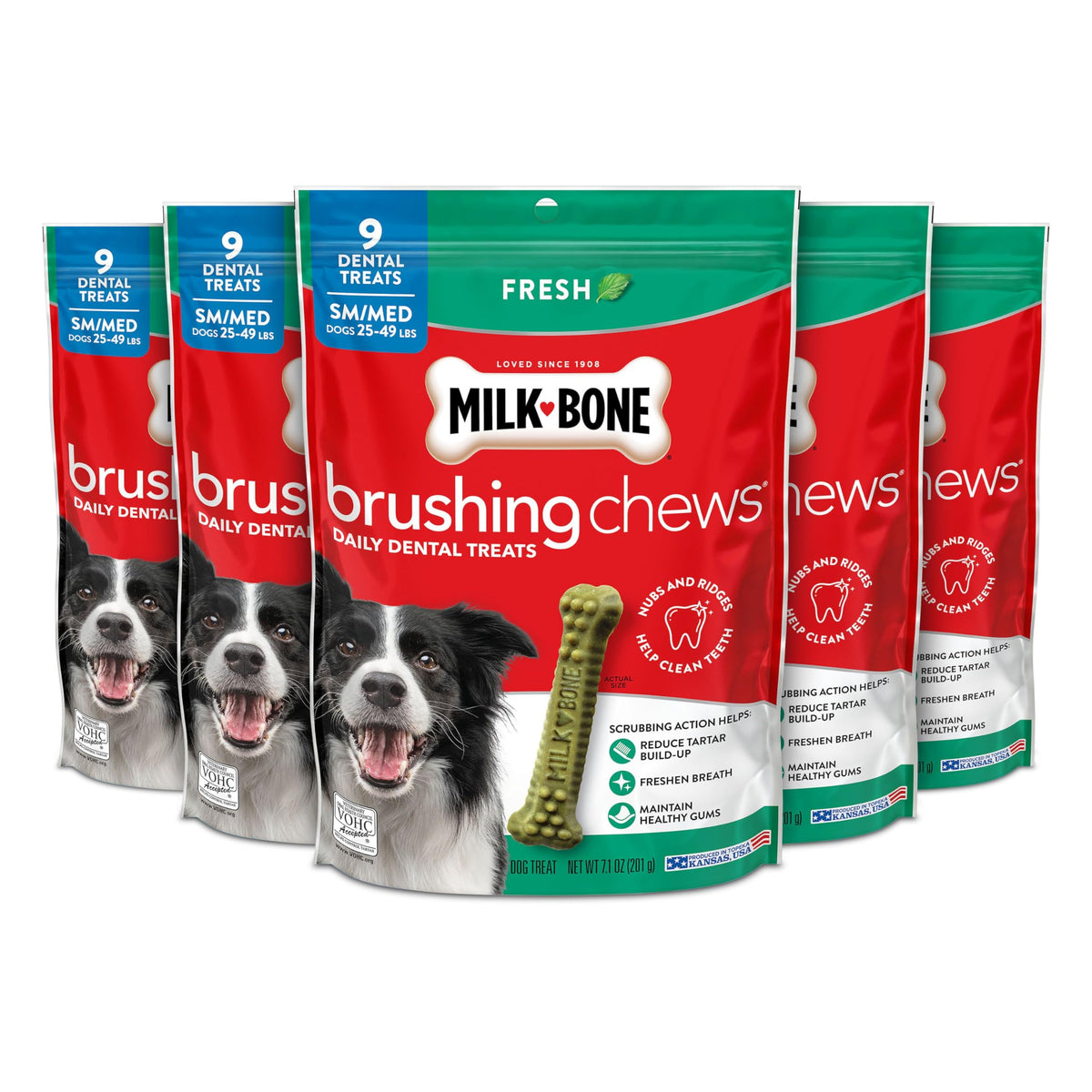 Milk-Bone Brushing Chews front packaging for small and medium dogs.