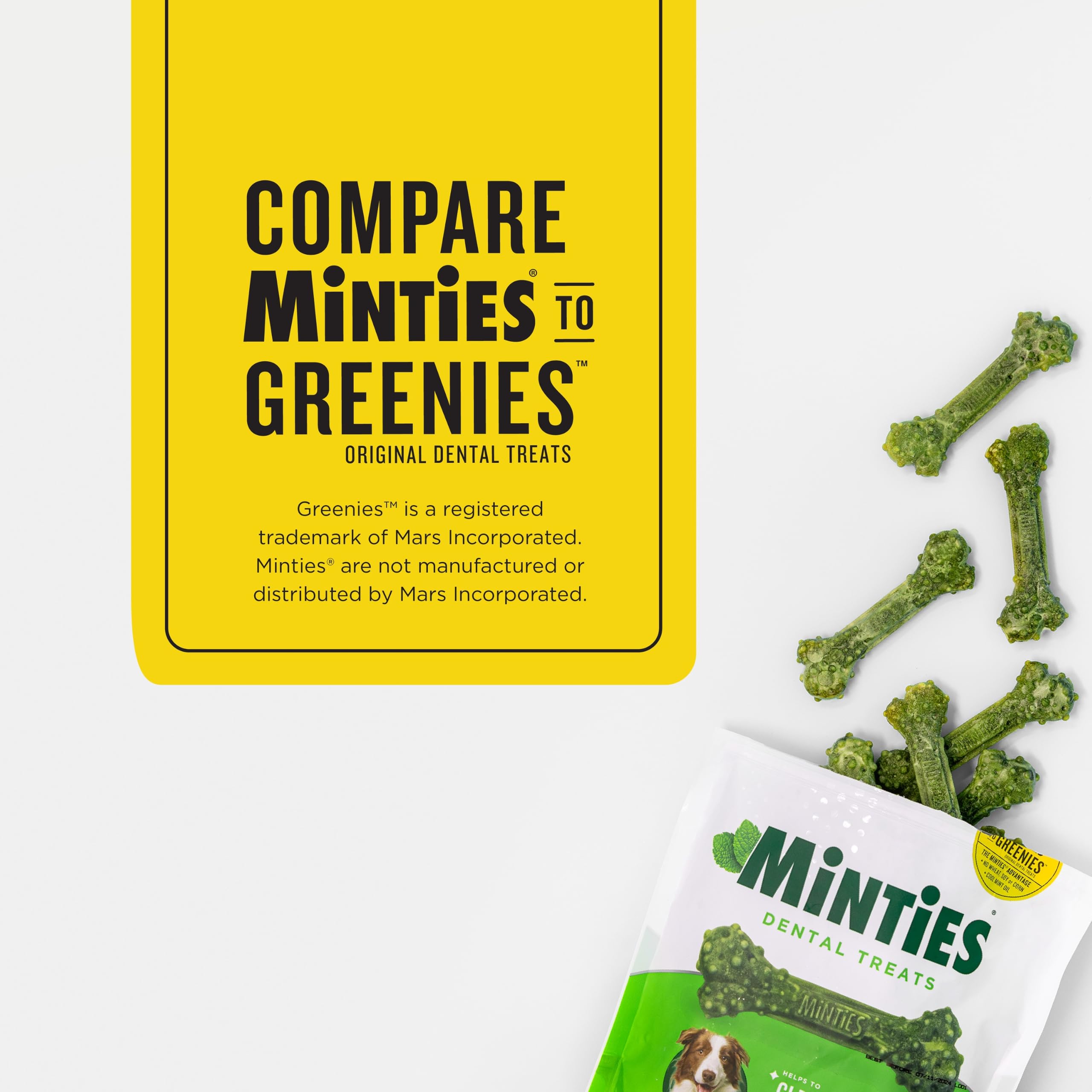 Minties dental chew close-up showing its bumpy surface and distinctive shape.