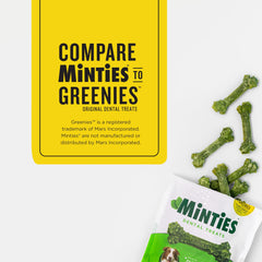 Minties dental chew close-up showing its bumpy surface and distinctive shape.