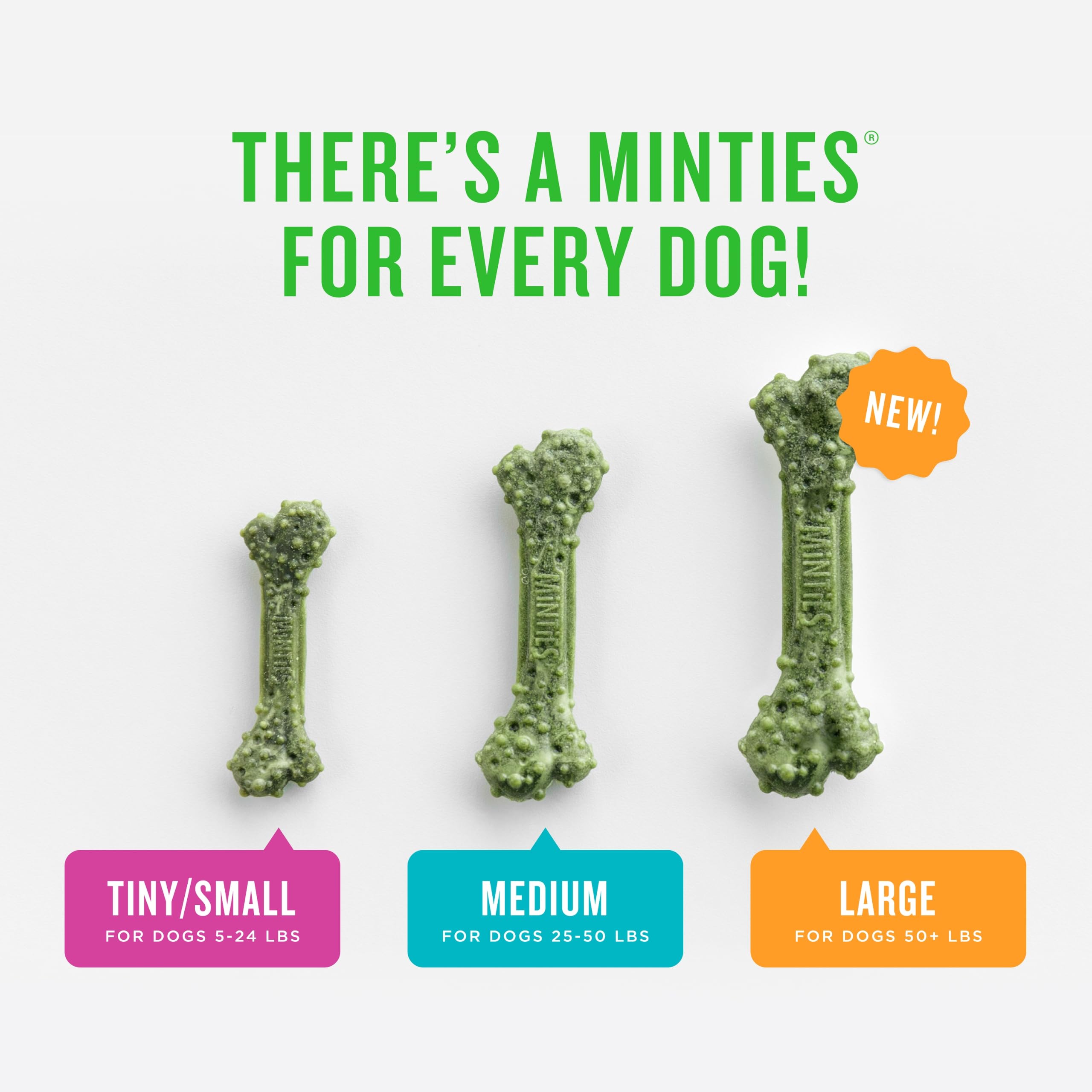 Minties dental chews with peppermint, parsley, fennel, dill and alfalfa ingredient details.