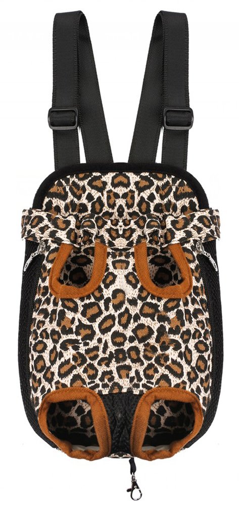 MOJUN pet carrier backpack shown from the front in leopard colour.